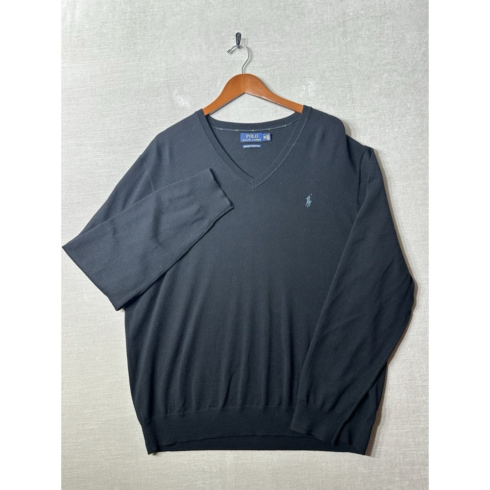 Polo Ralph Lauren Merino Wool V Neck Sweater Pony Men's XXL Black Solid Casual